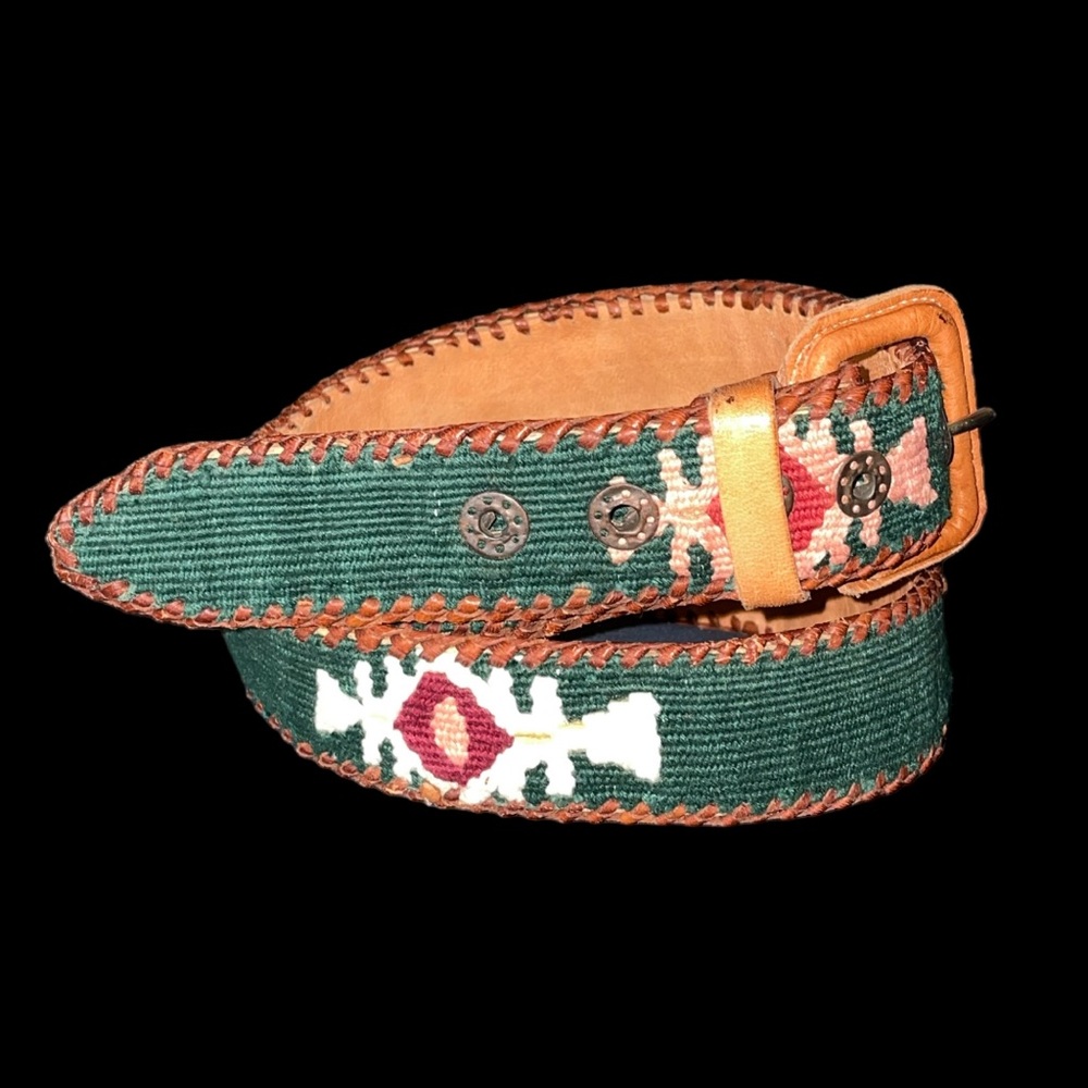 Chaipas Fair Trade Leather Woven OOAK Green Multi Color Godseye Belt 34” Mexico